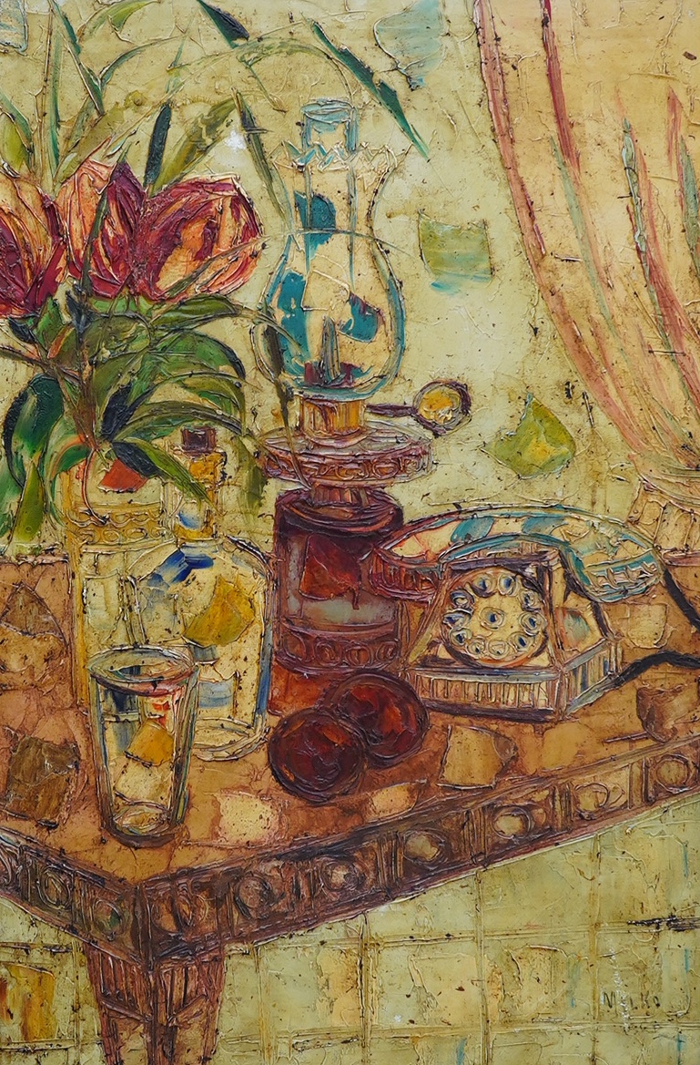 Milko Bambic (Italian, 1905-1991), impasto oil on canvas, still life of an oil lamp and vintage telephone, signed, 90 x 60cm. Condition - fair